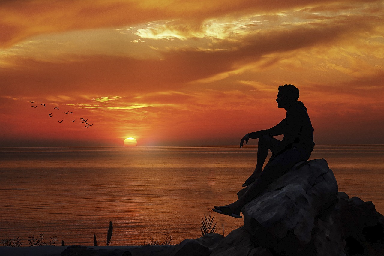 manipulation, sunset, sunrise, boy, thinking, rock, silhouette, birds, brown thinking, brown sunrise, nature, brown rock, brown think